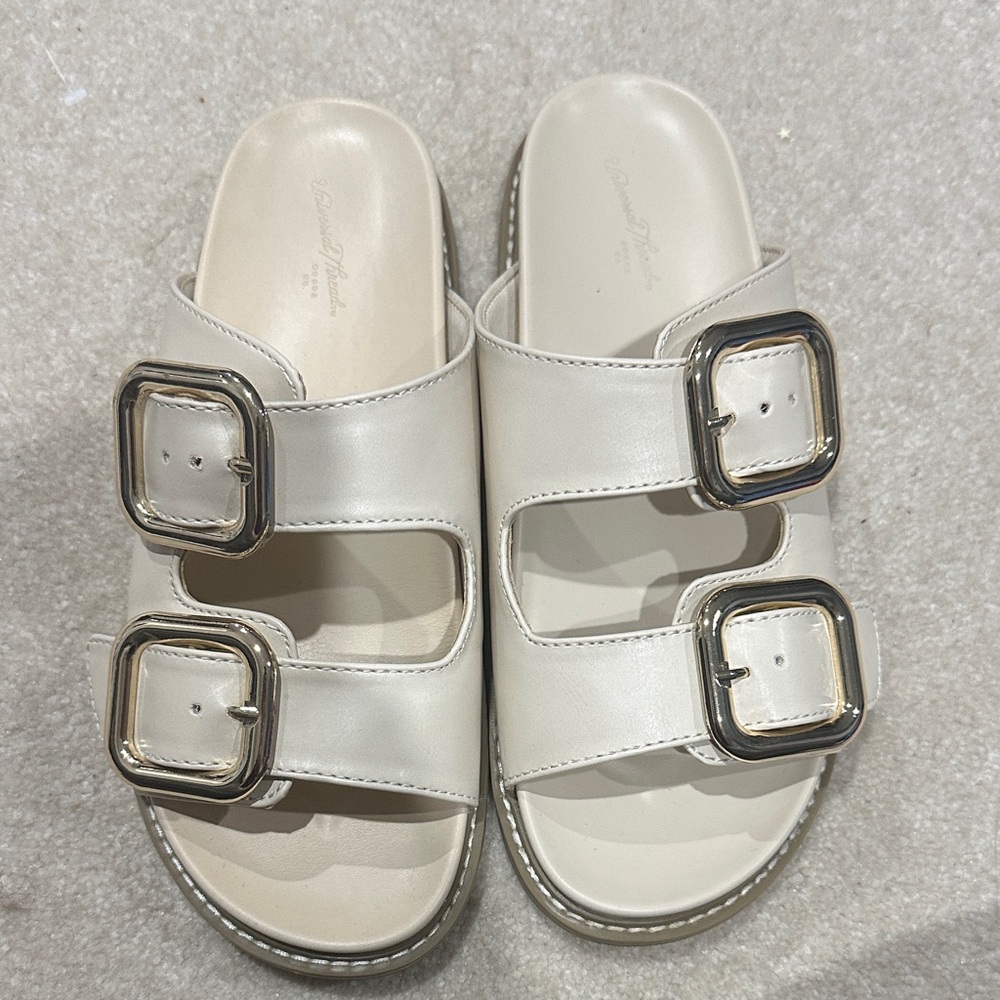 Cream Slide Sandals with Gold Buckles
